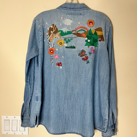 Billy T Happy Place Embroidered Denim Shirt Small Blue Button Down - Picture 3 of 6